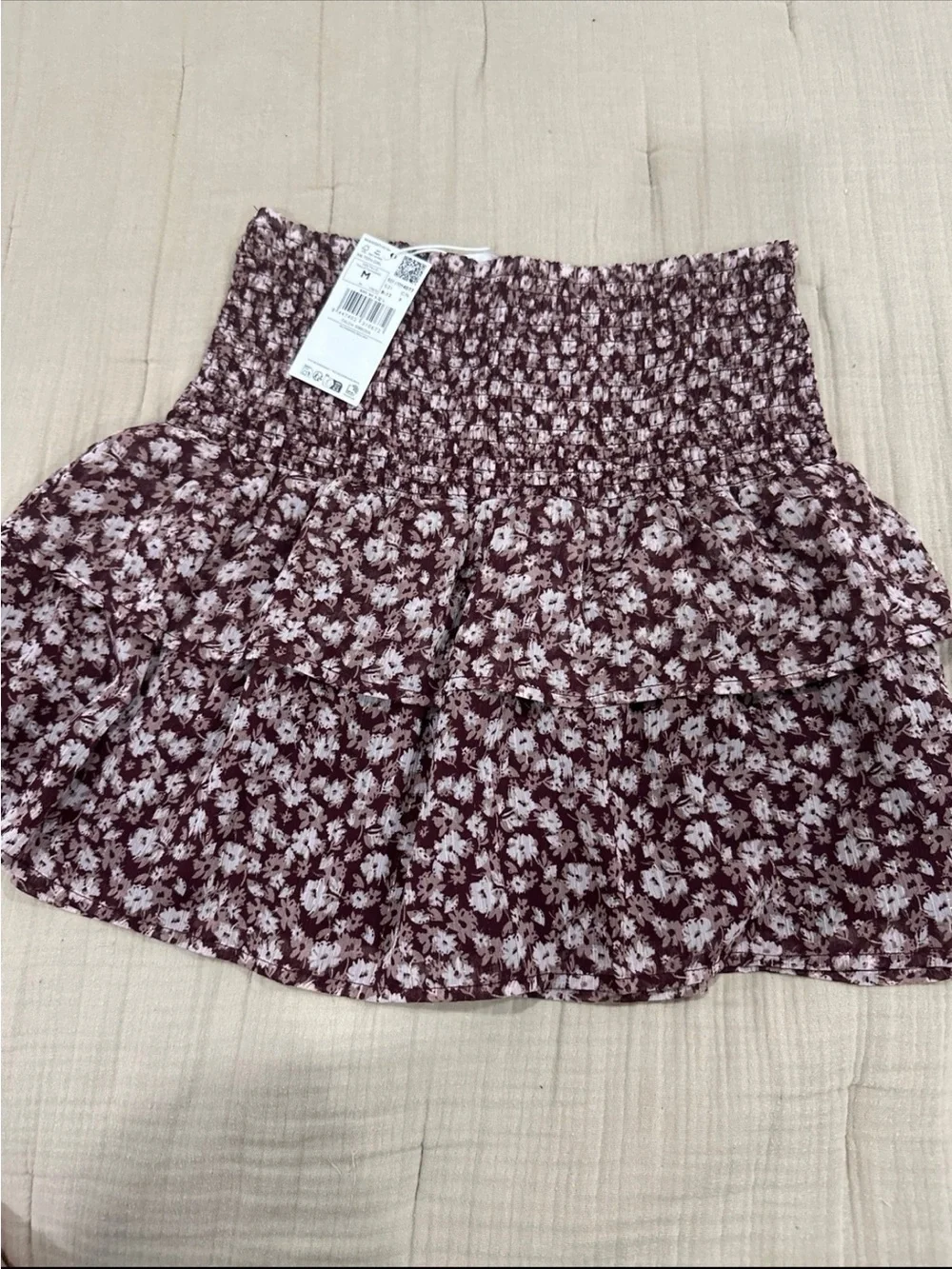 Mango Burgundy Floral Tiered Smocked Skirt